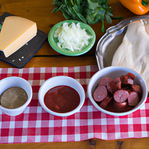 Fresh ingredients for Dutch oven pizza, including dough, sauce, cheese, and various toppings.