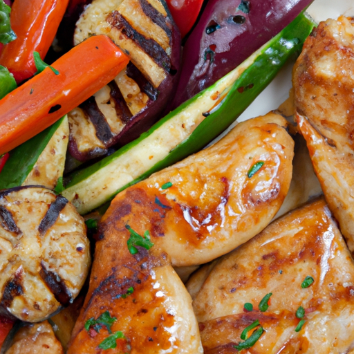 Tender BBQ chicken coated in a sticky honey mustard glaze, served with grilled vegetables.