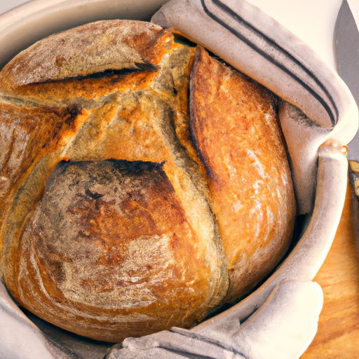 Freshly baked artisan bread with a crispy crust, made in a Dutch oven.